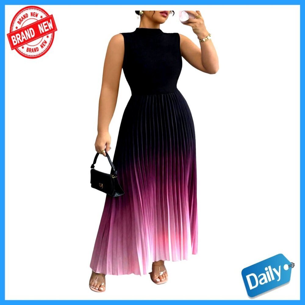 Plus Size Maxi Dress Mock Neck Sleeveless Pleated A Line Flowy Elegant
